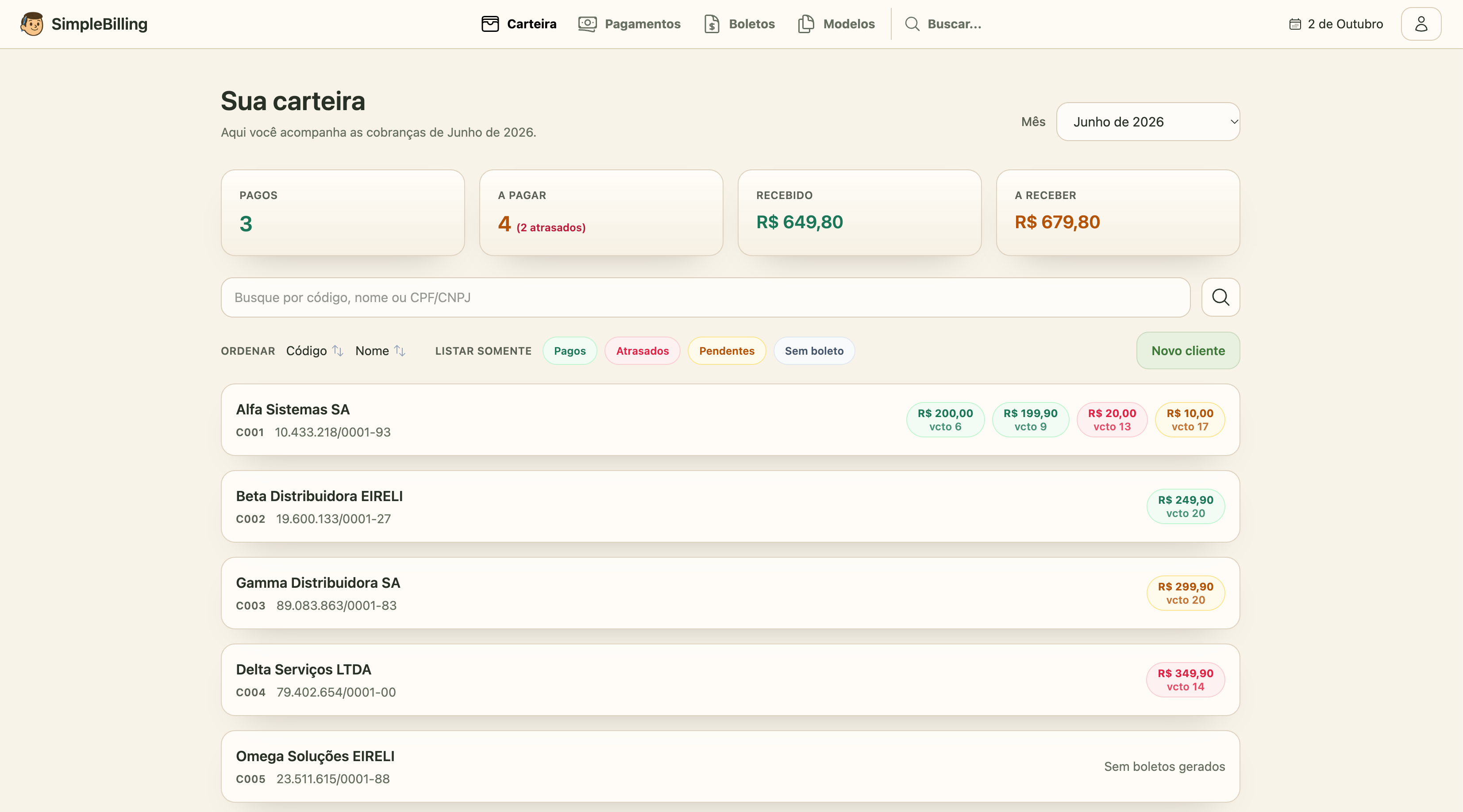 Tela do SimpleBilling mostrando a carteira de clientes, o resumo das cobranças e o status dos boletos