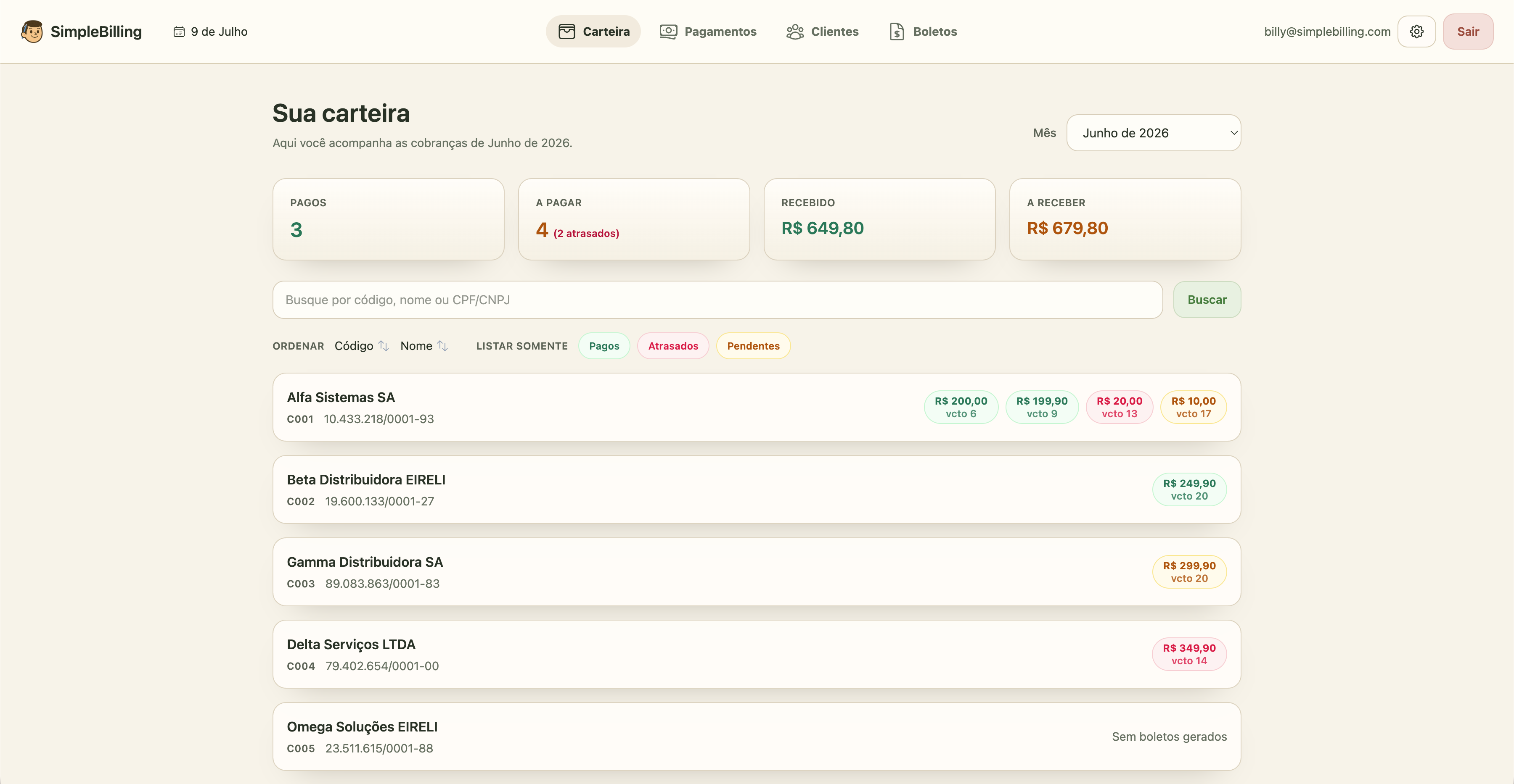 Tela do SimpleBilling mostrando a carteira de clientes, o resumo das cobranças e o status dos boletos